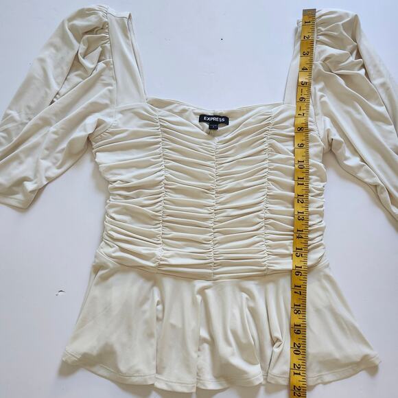 Express Ivory Ruched Puff-Sleeve Top with Peplum Size Small - Picture 9 of 10